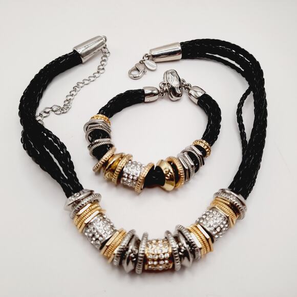 Chico’s Black Braided Necklace & Bracelet Set Rhinestone Charms Gold Silver Tone - Picture 8 of 9